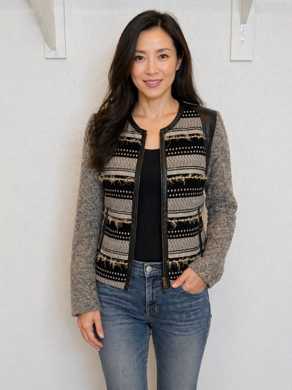 Tracy Reese Black and Tan Patterned Zip-Front Blazer